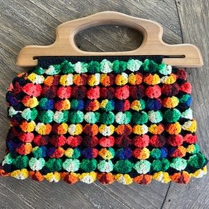 Colorful handmade Crochet wooden clutch purse Boho Granny vintage funky